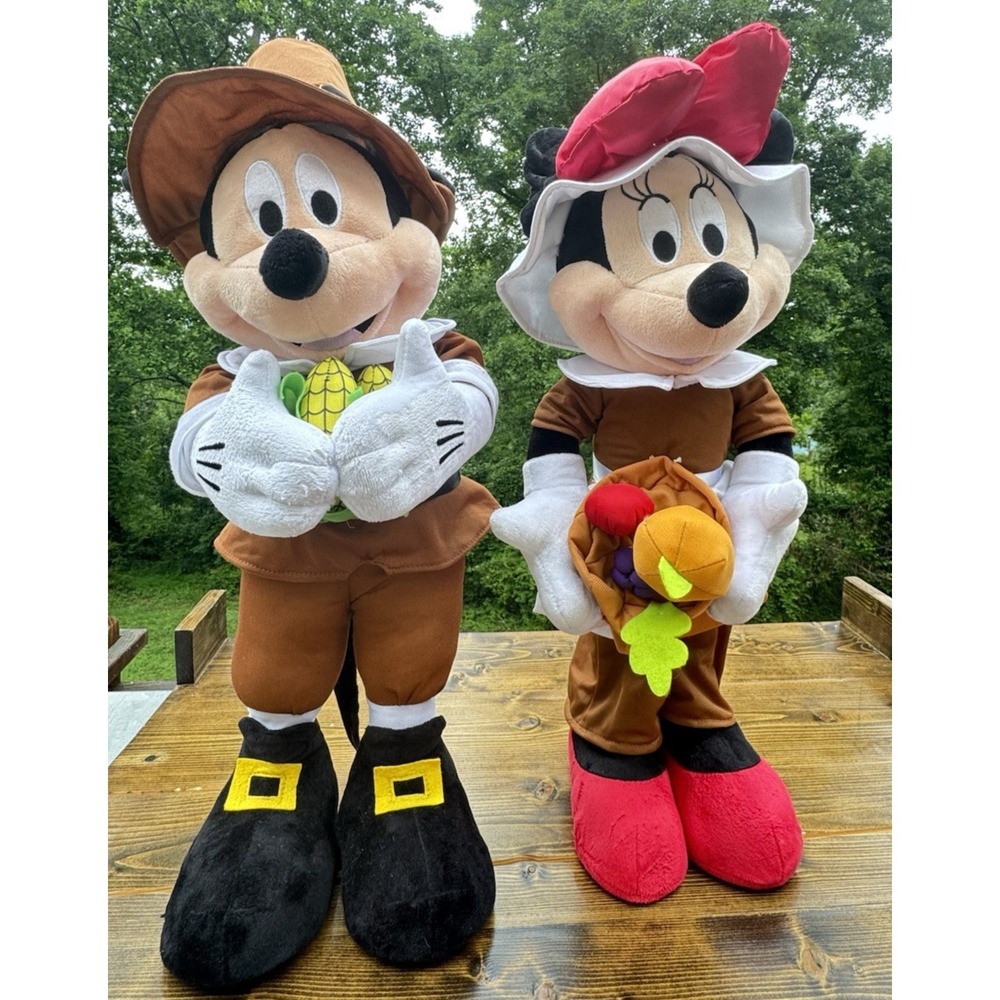 Disney Mickey Minnie Thanksgiving Pilgrim Plush Greeter Pair 24" Fall Decor